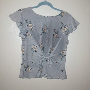 Tie front ruffled sleeve floral blouse